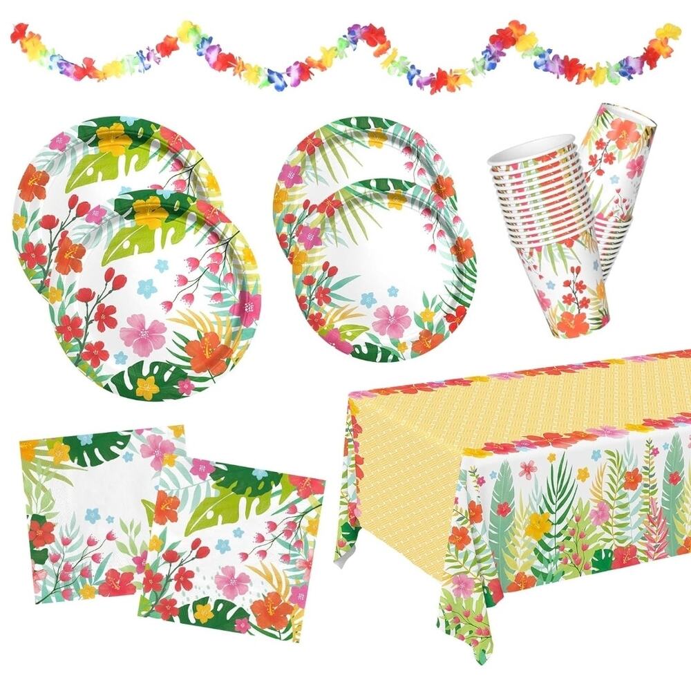 Tropical Luau Party Kit Paper Plates, Napkins, Cups, Tablecloth, and Banner s25
